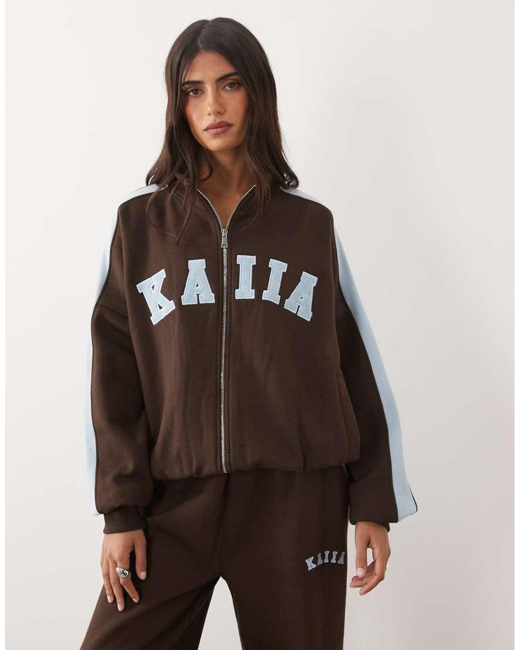 Kaiia Brown Cotton-rich Embroidered Logo Detail Oversized Zip-through High Neck Sweatshirt