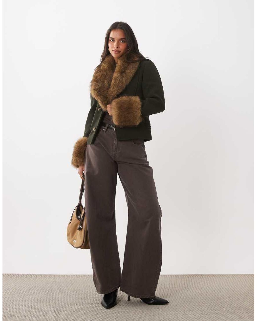 Mango Brown Wool Mix Short Jacket With Faux Fur Trims