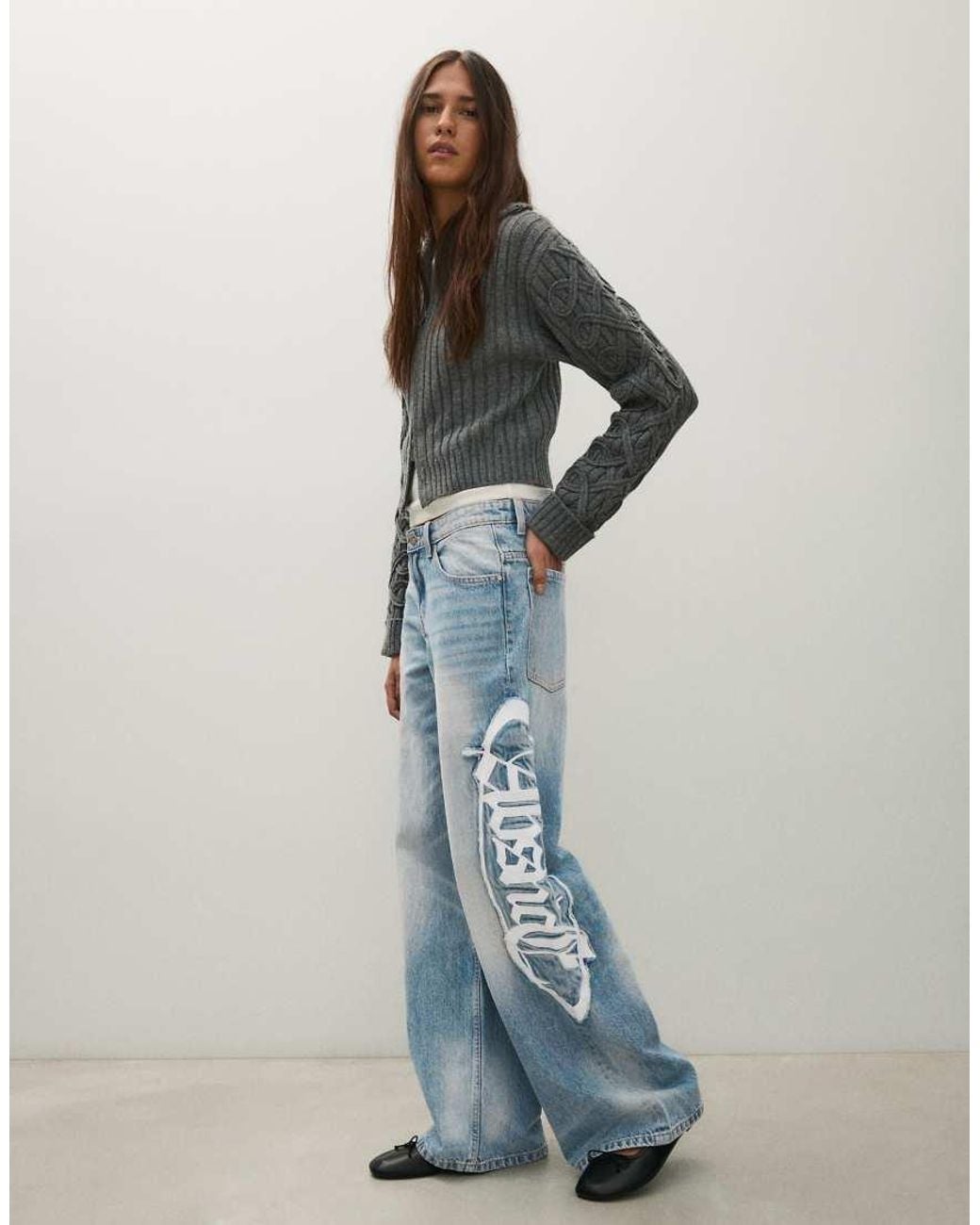 Bershka Blue High-waist Washed baggy Jeans With Patch