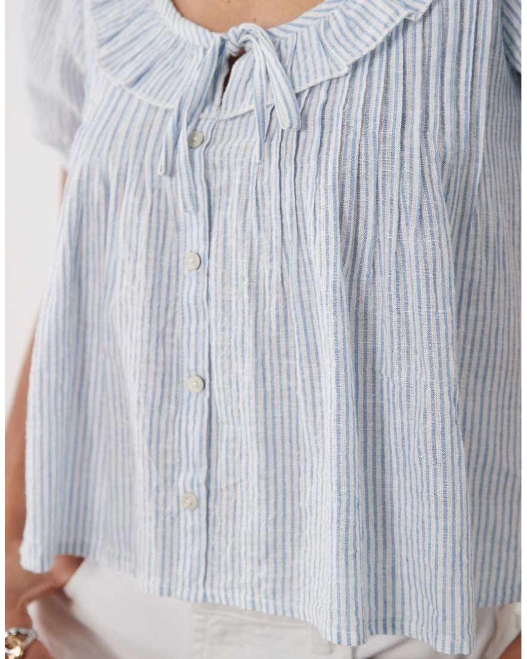 New Look White Stripe Frill Linen Mix Blouse