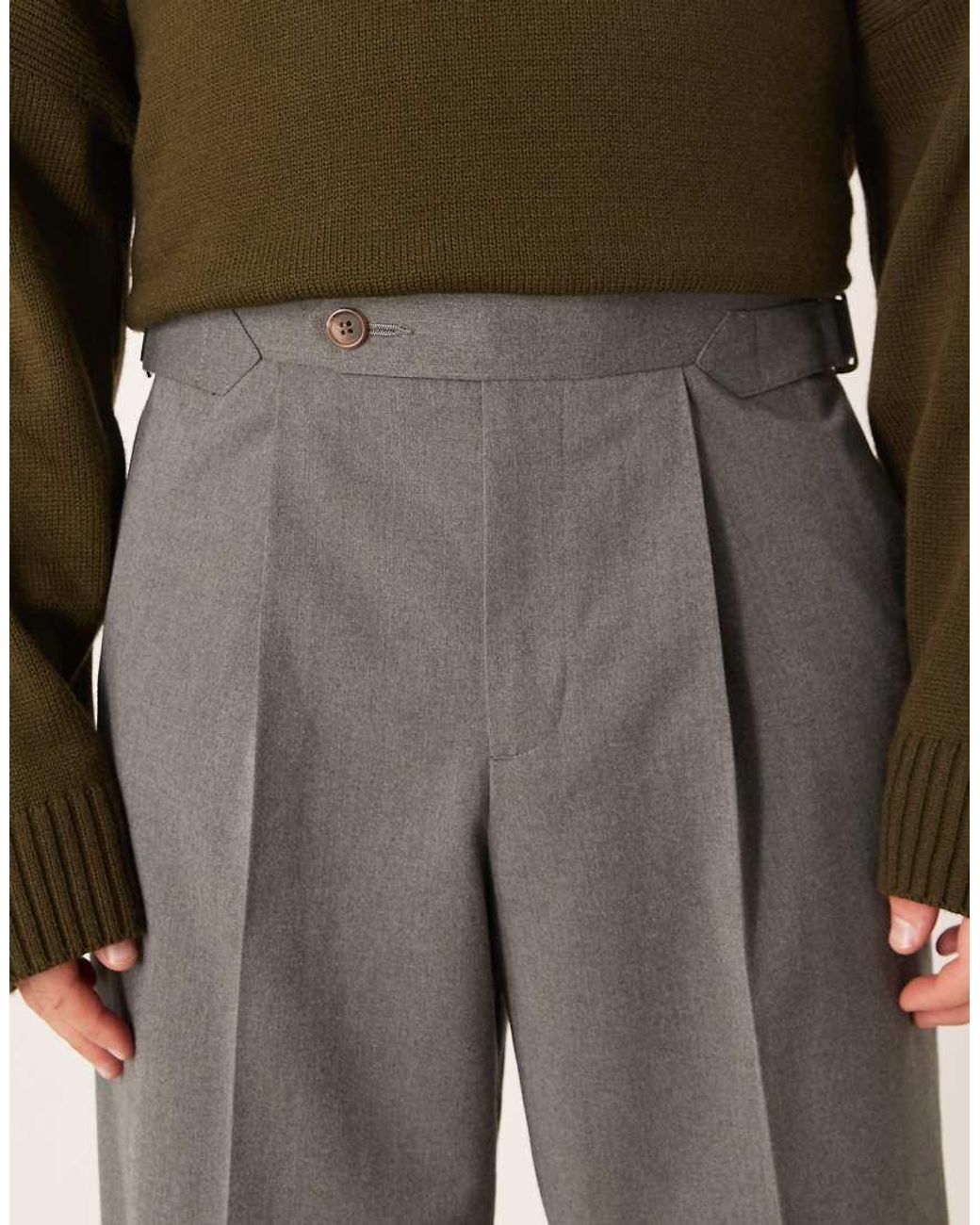 ASOS Gray Smart Pleated Wide Leg Flannel Trousers for men