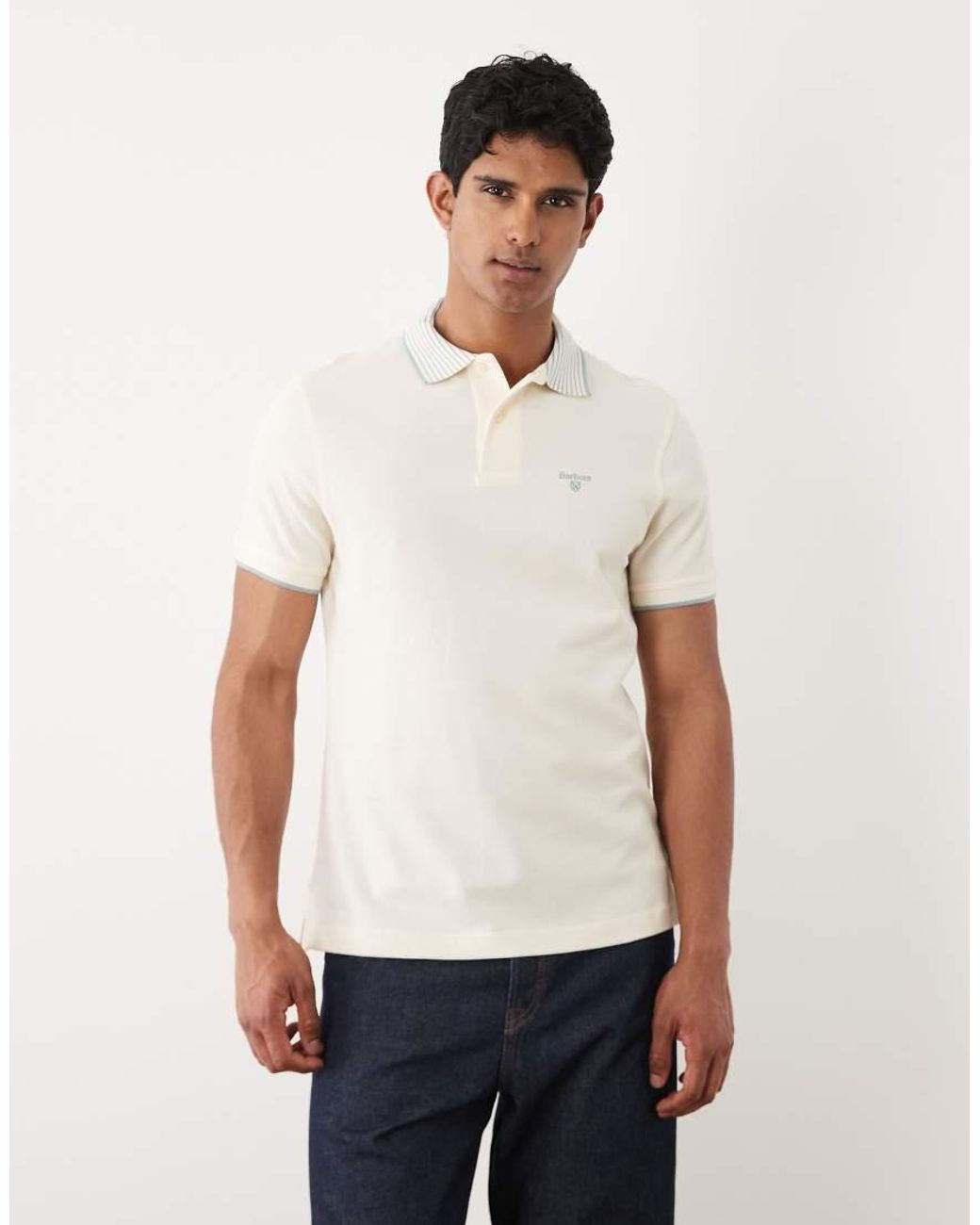 Barbour Natural Denwick Short Sleeve Tailored Tipped Polo Shirt for men