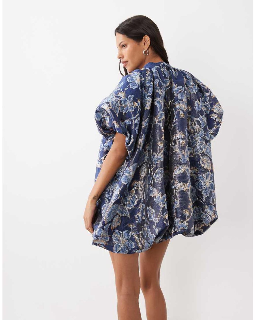 Sister Jane Blue Aquilla Jacquard High Neck Puff Sleeve Bubble Hem Mini Dress
