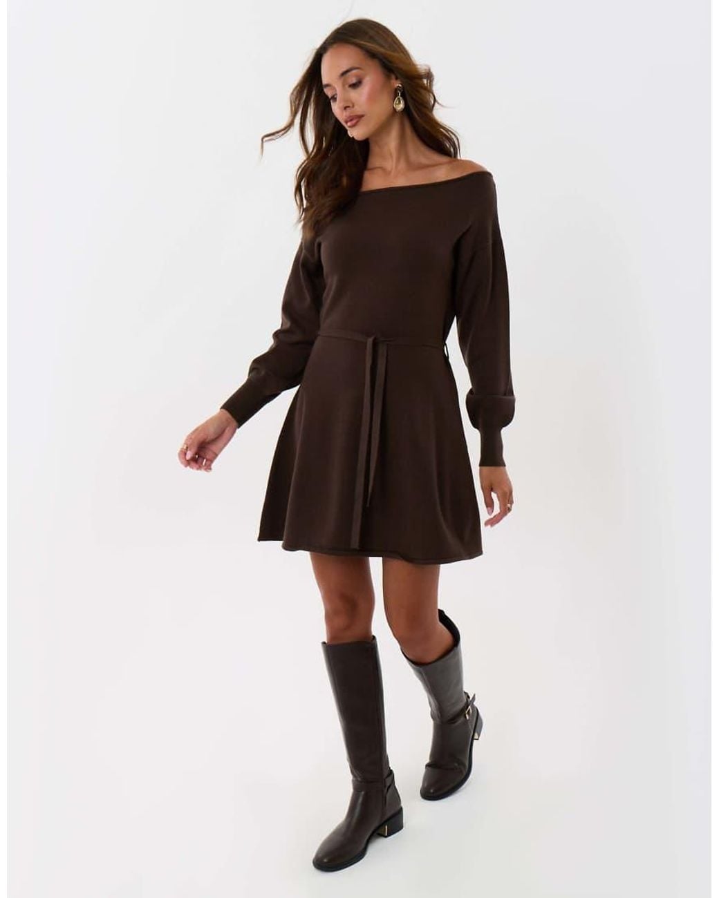 Threadbare Brown Slash Neck Belted Mini Jumper Dress