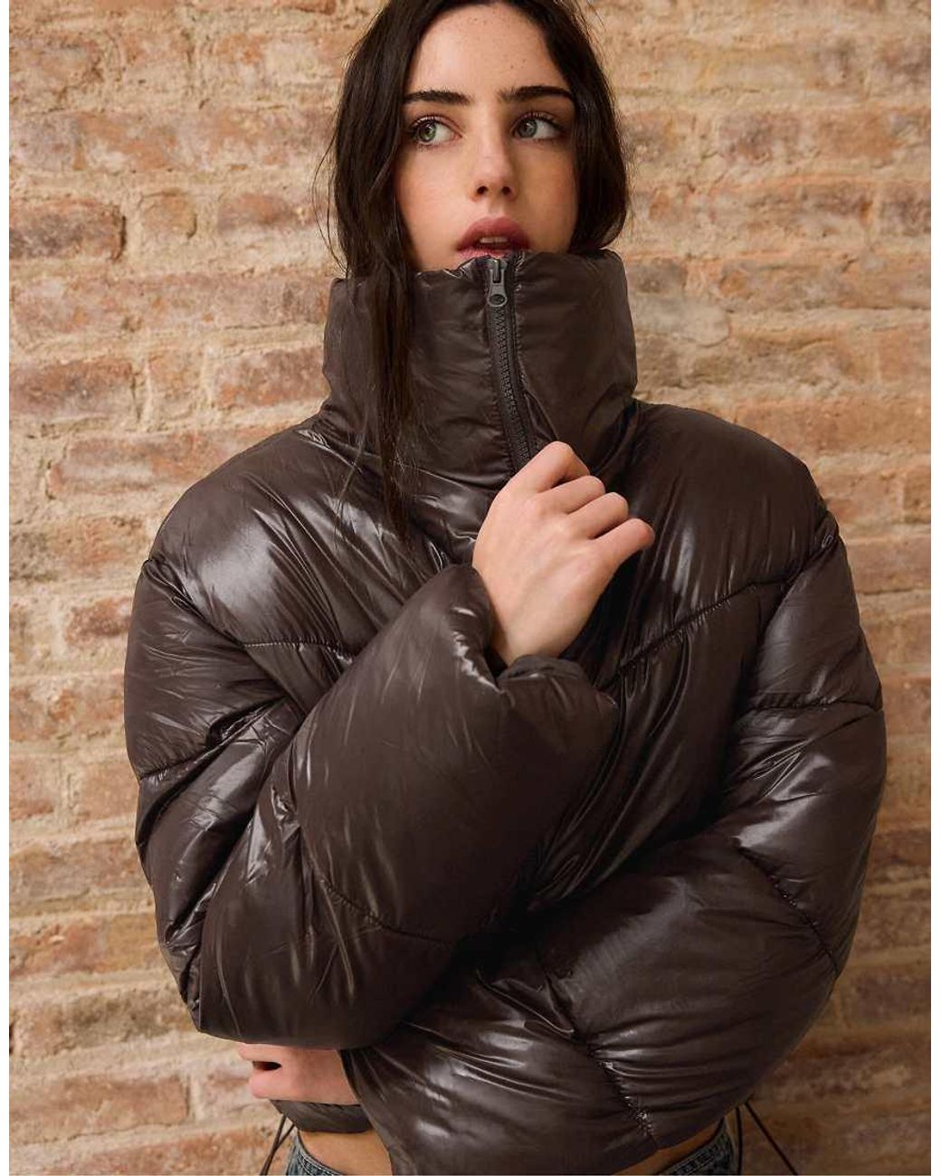 Stradivarius Brown Cropped High Neck Padded Jacket