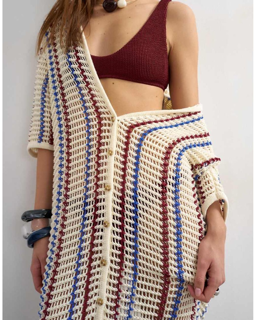 TOPSHOP White Knit Polo Striped Open Stitch Midi Dress