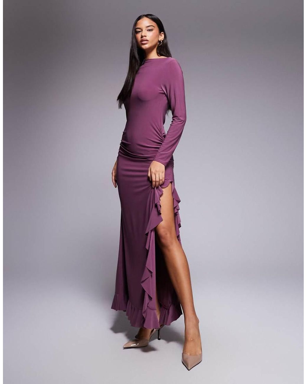 ASOS Purple Long Sleeve Frill Detail A Line Maxi Dress