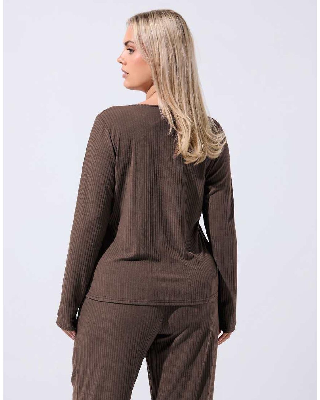 Yours Clothing Brown Ribbed Button Through Top