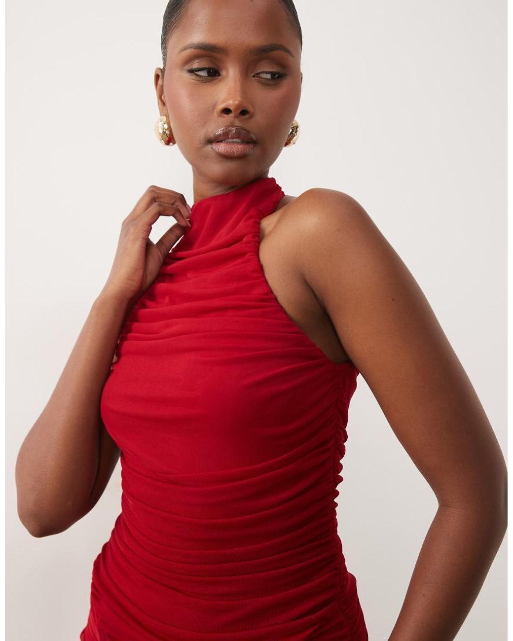 Bardot Red Mesh High Neck Ruched Side Thigh Split Maxi Dress