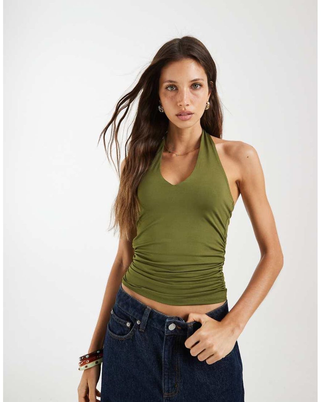 Pieces Green Slinky Halter Neck Top