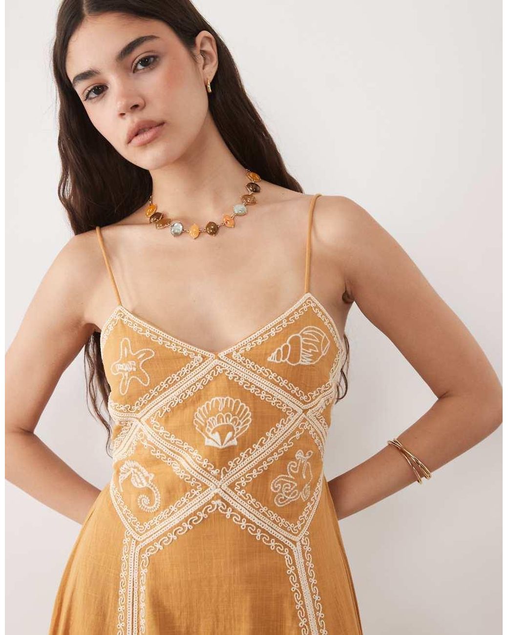 New Look Brown Shell Embroidered Midi Dress