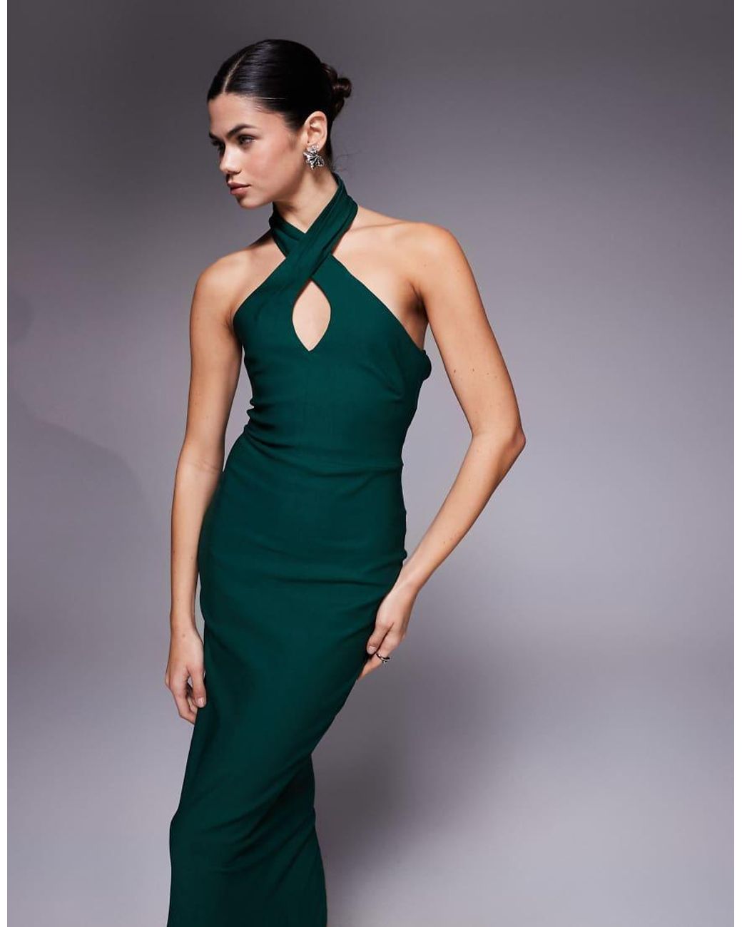 Vesper Blue Bengaline Cross Front Halterneck Keyhole Detail Midaxi Dress