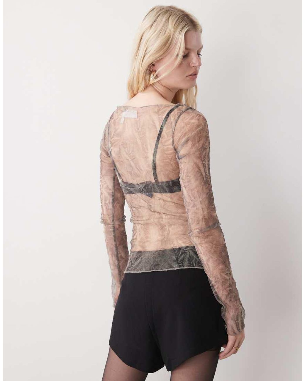 Weekday Gray Sheer Mesh Slash Neck Long Sleeve Top