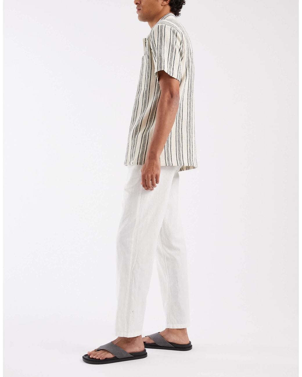 Blend White Cotton-linen Drawstring Waist Regular Fit Trousers for men