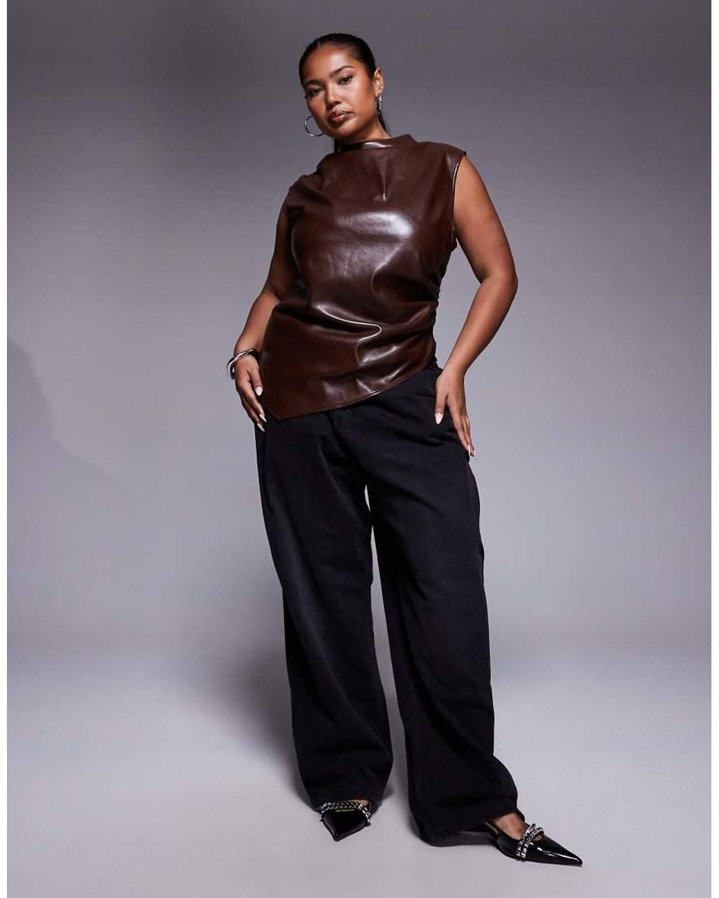 ASOS Brown Asos Design Curve Leather Look Drape High Neck Asymmetric Smart Top