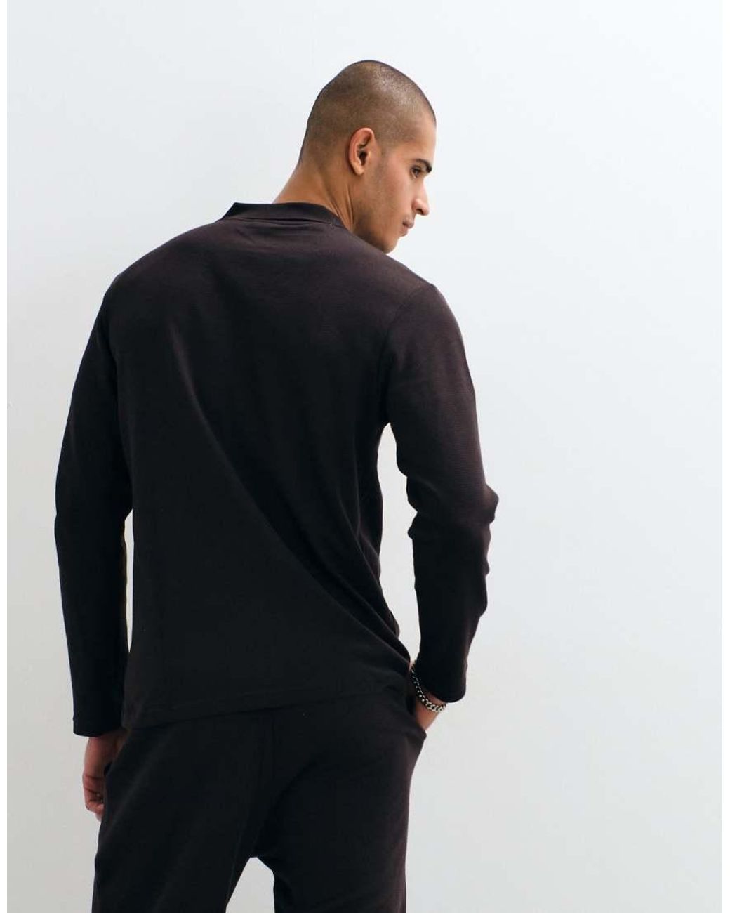 Lacoste Black Long Sleeve Waffle Co-Ord Croc Logo Loungewear T-Shirt for men