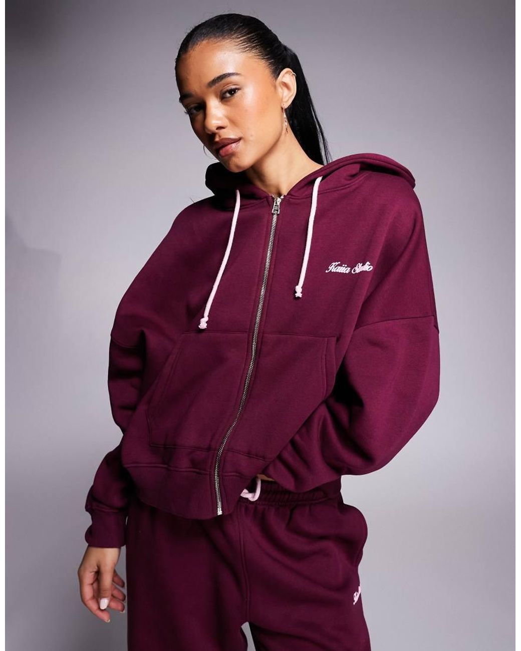 Kaiia Purple Cotton Rich Studio Cherry Back Graphic Oversized Zip Up Hoodie Co-ord