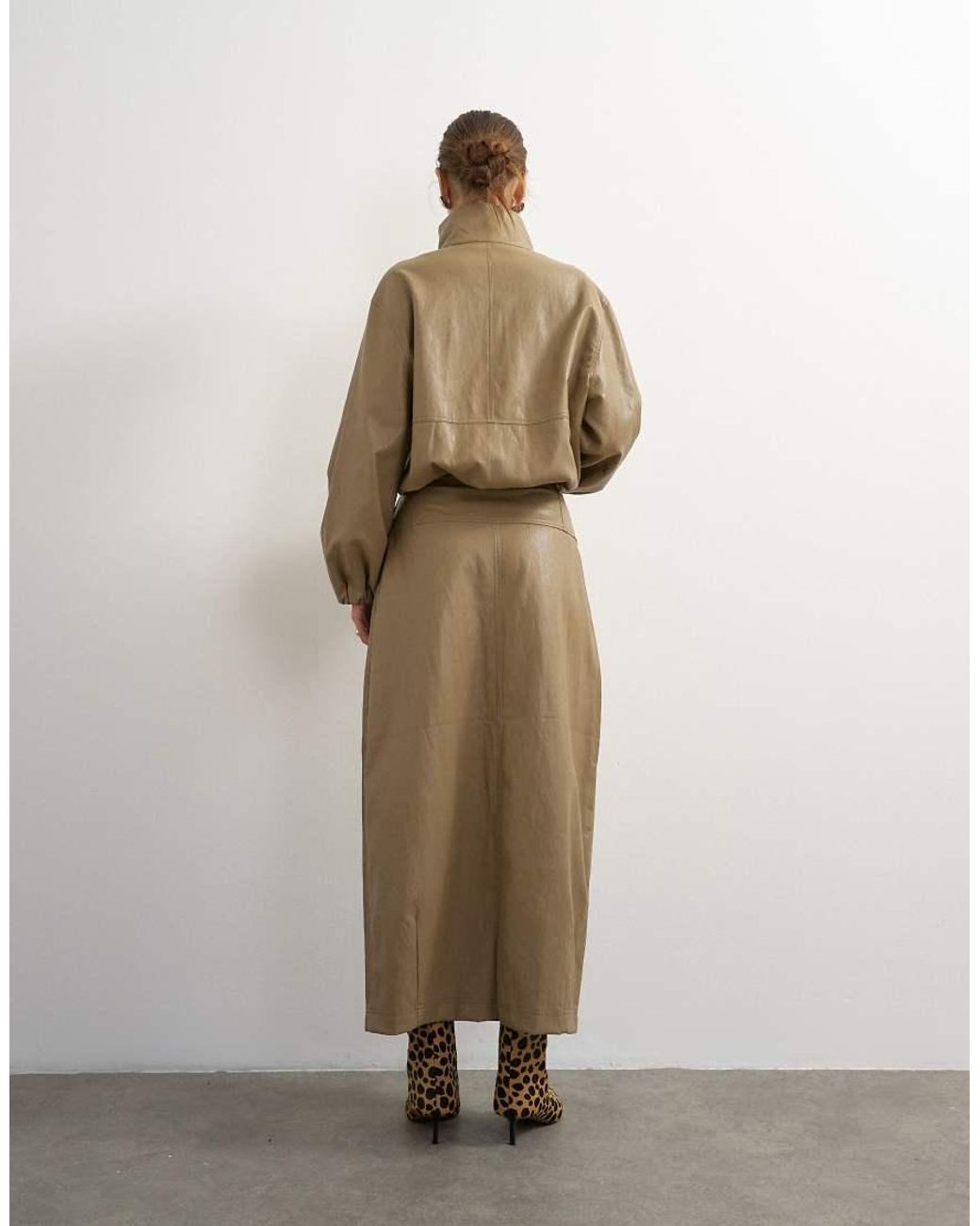 TOPSHOP Natural Faux Leather Barrel Midi Skirt