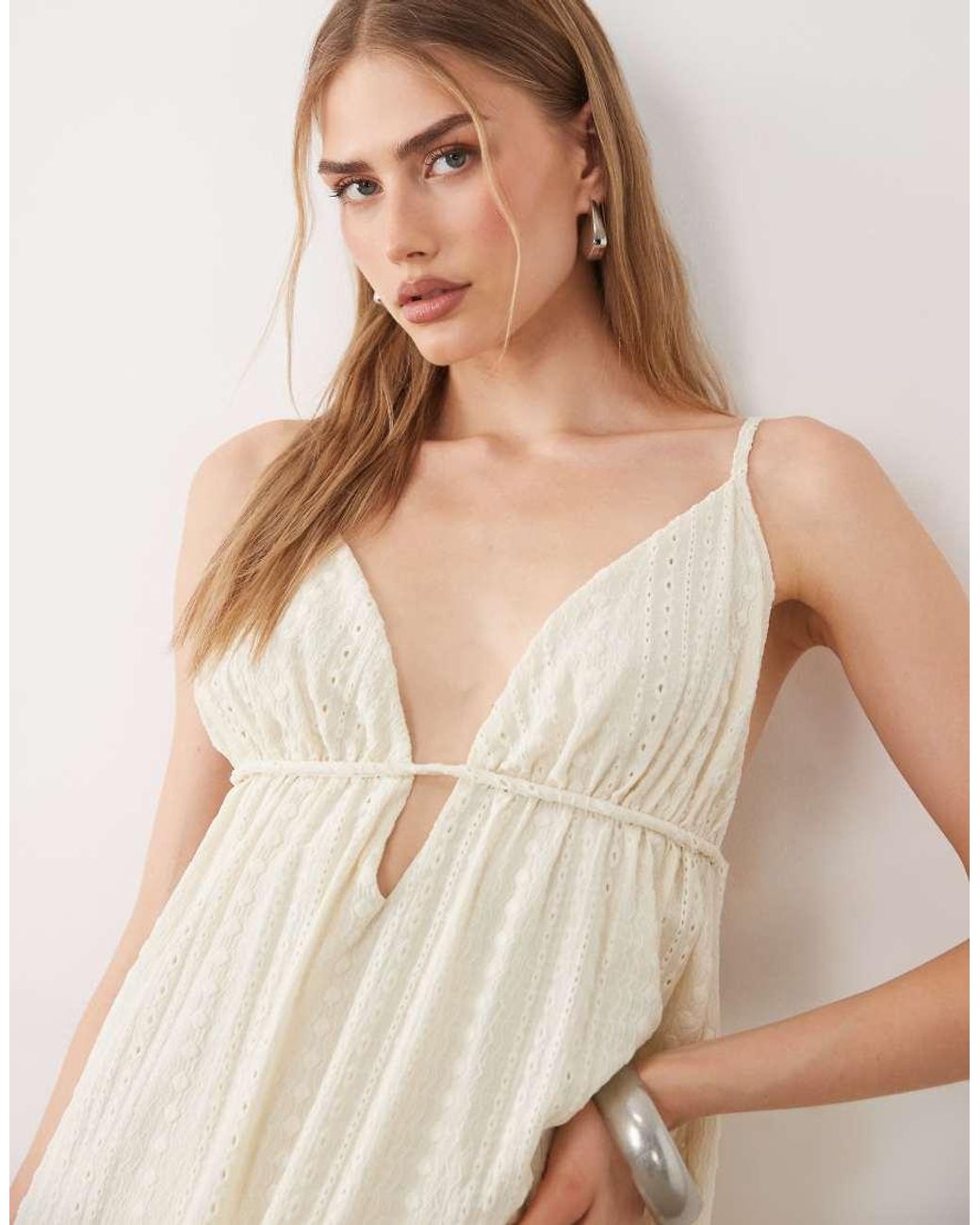 ASOS Natural Broderie V Neck Midi Dress