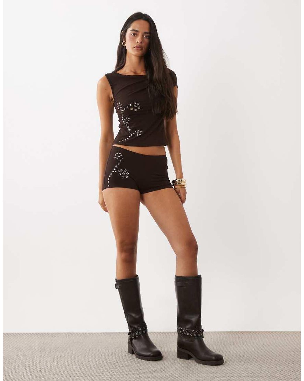 Motel Brown Keuni Mini Short With Flower Stud Detail