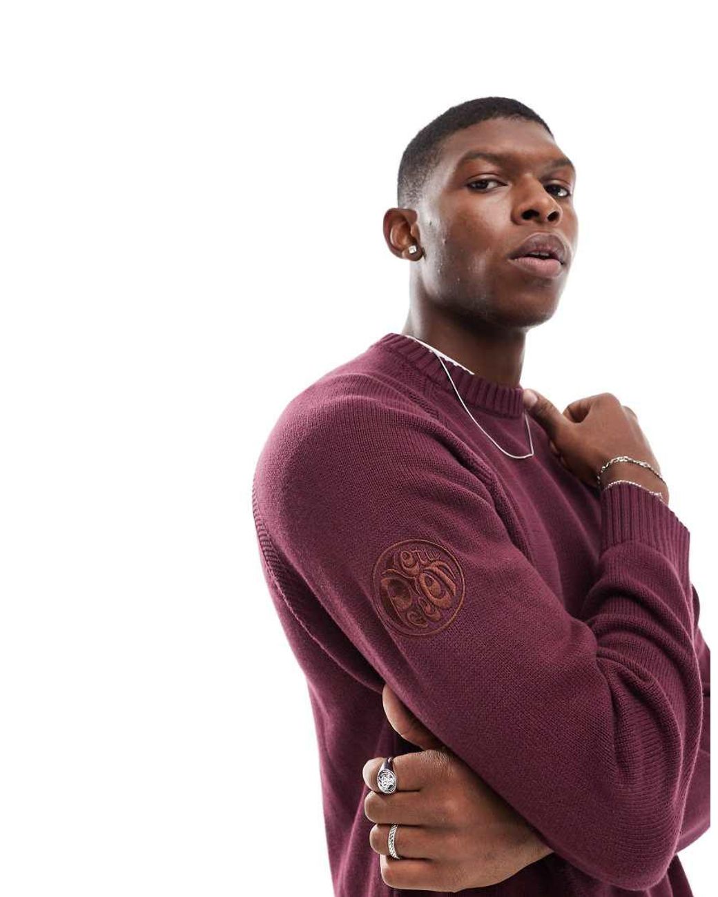 Pretty Green Crew Neck Knit Jumper With Sleeve Patch in Purple for Men Lyst UK