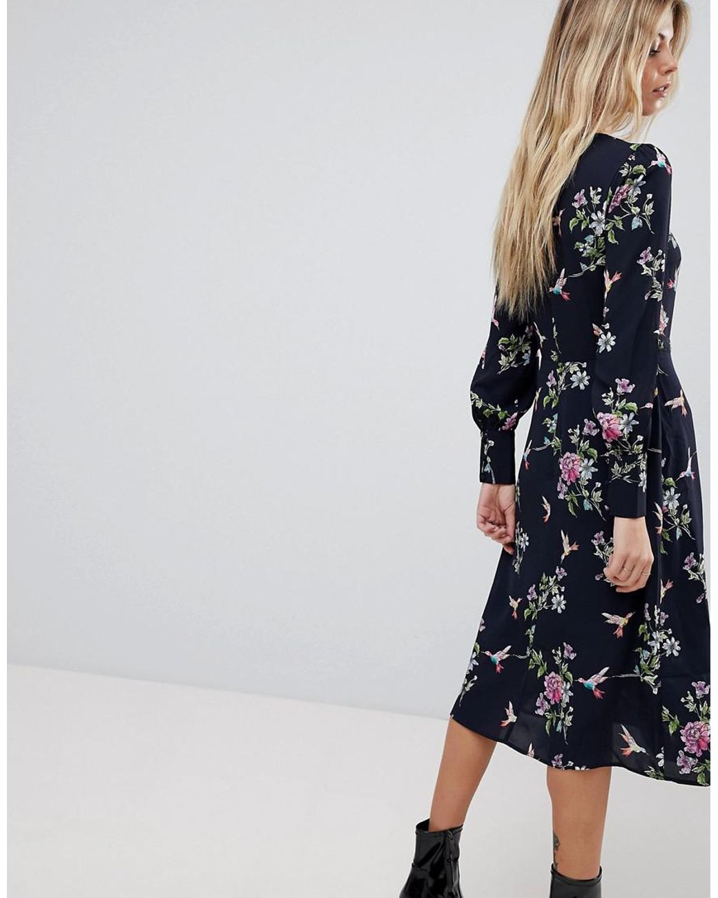 Oasis Floral Bird Print Midi Dress in 