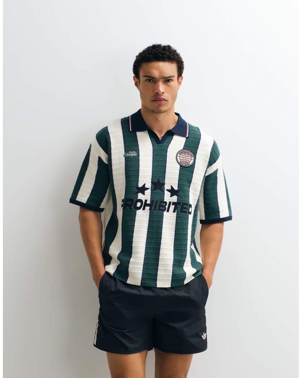 Prohibited Green Knitted Stripe Football Shirt for men