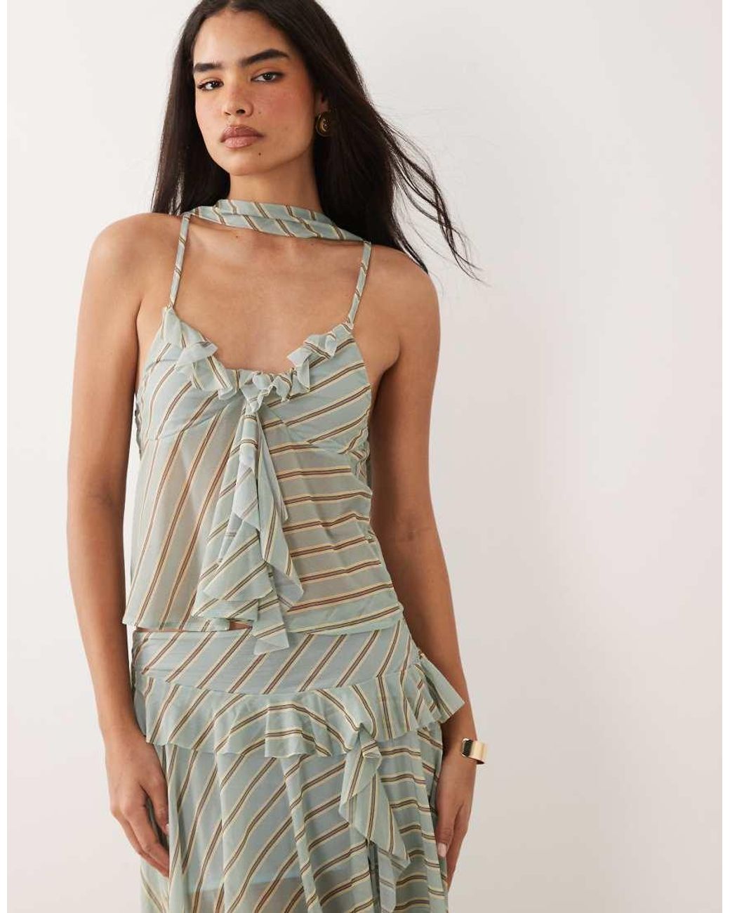 ASOS Green Co-ord Printed Stretch Chiffon Ruffle Plunge Scarf Top