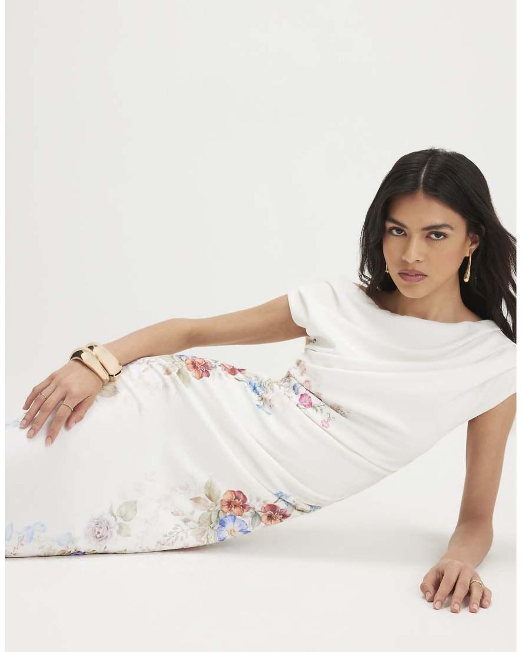 River Island White Floral Print Drape Midi Dress
