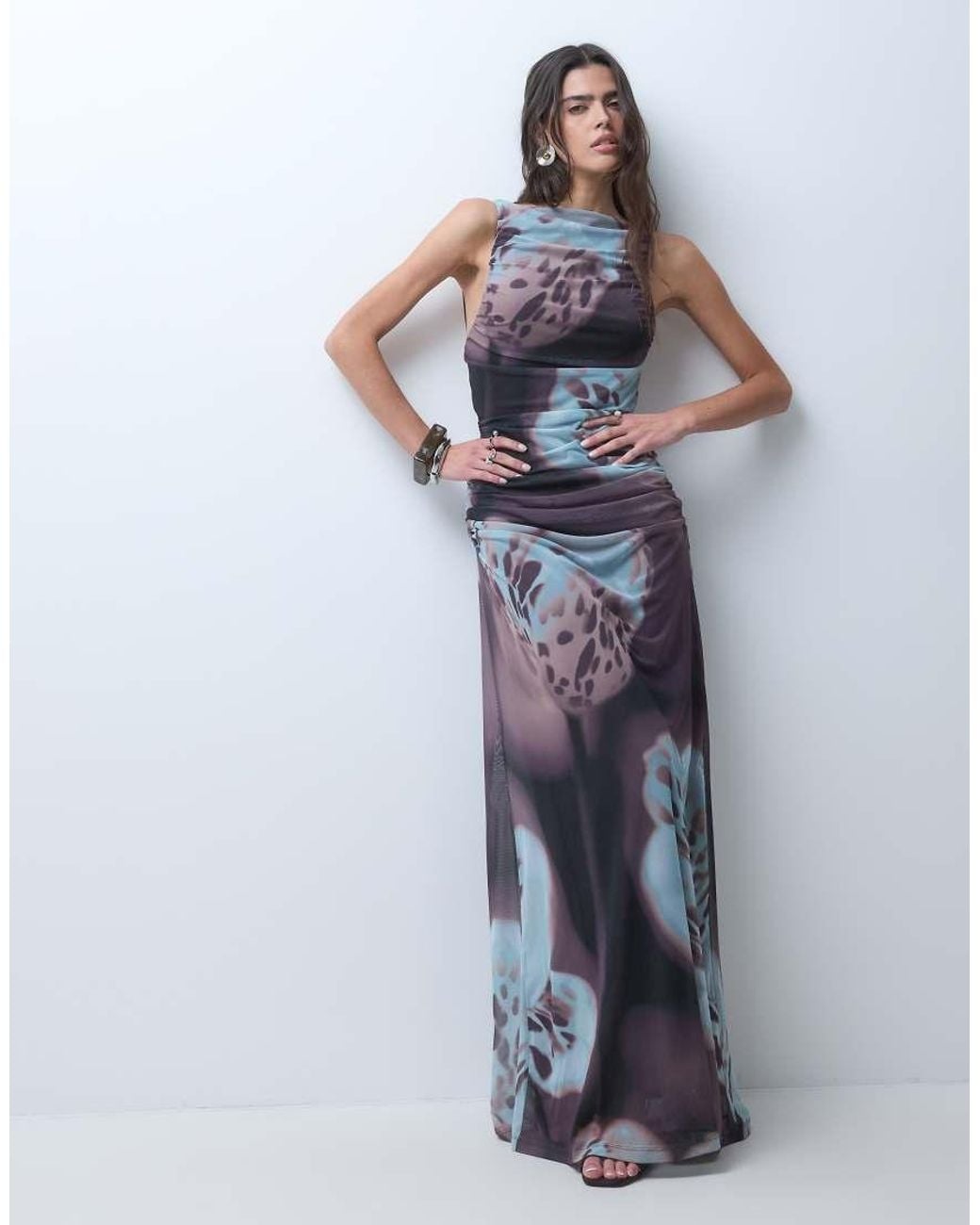 ASOS Blue Printed Mesh Slash Neck Gathered Detail Maxi Dress