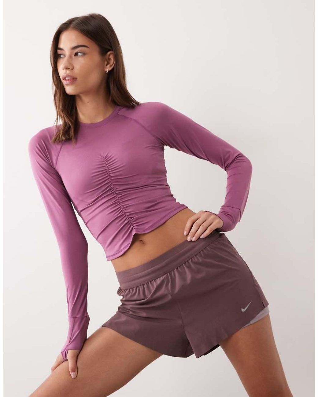 4505 Pink Lightweight Active Ruched Front Long Sleeve Running Top