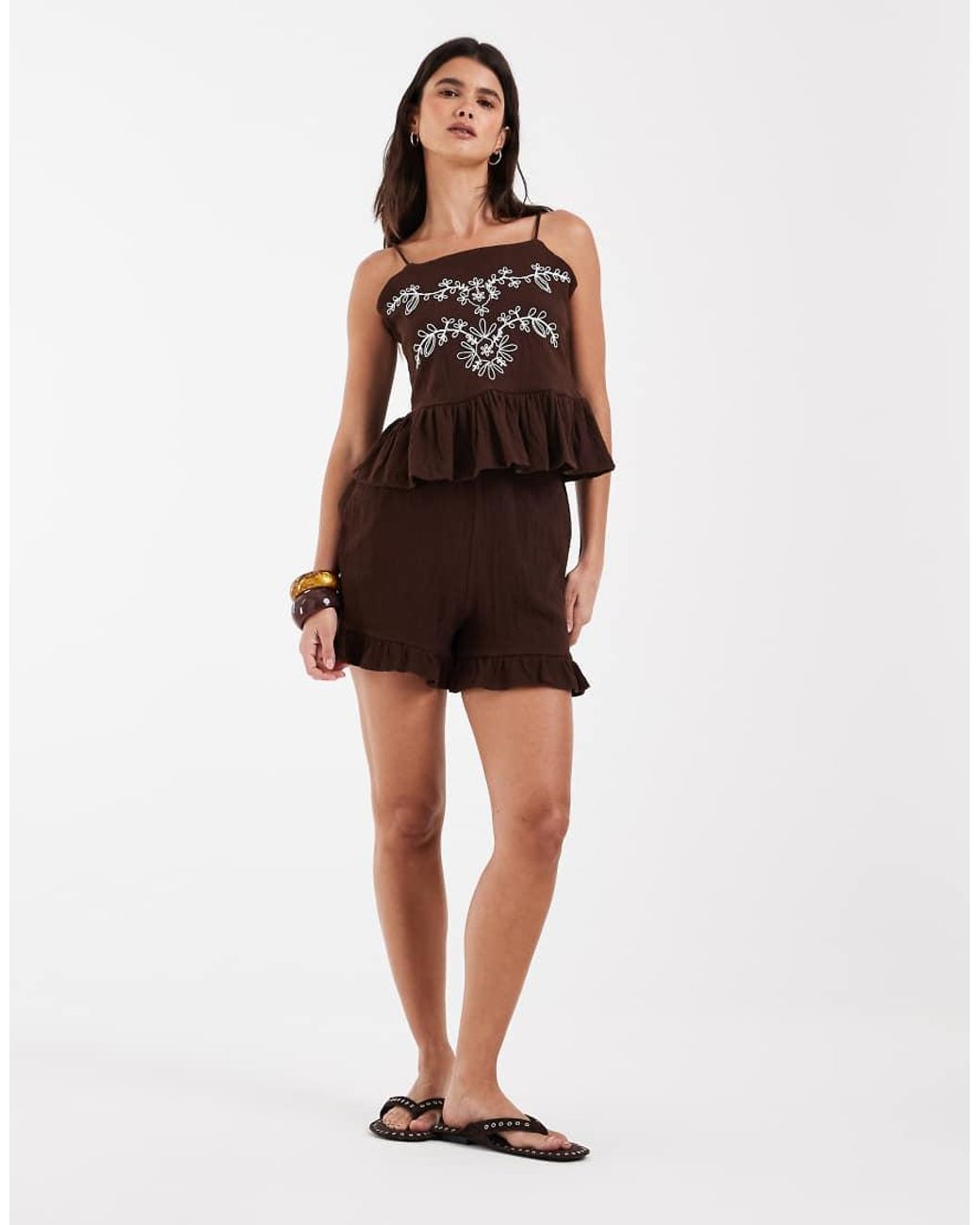 Object Brown Crinkle Cotton Frill Hem Embroidered Cami Top Co-ord
