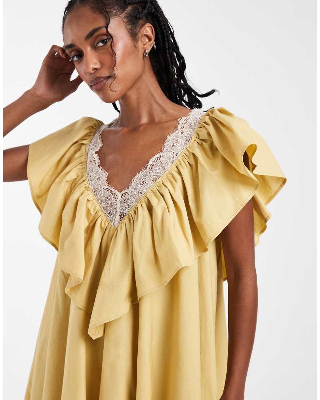 ASOS Pink V Neck Poplin Ruffle Mini Dress With Lace Trims