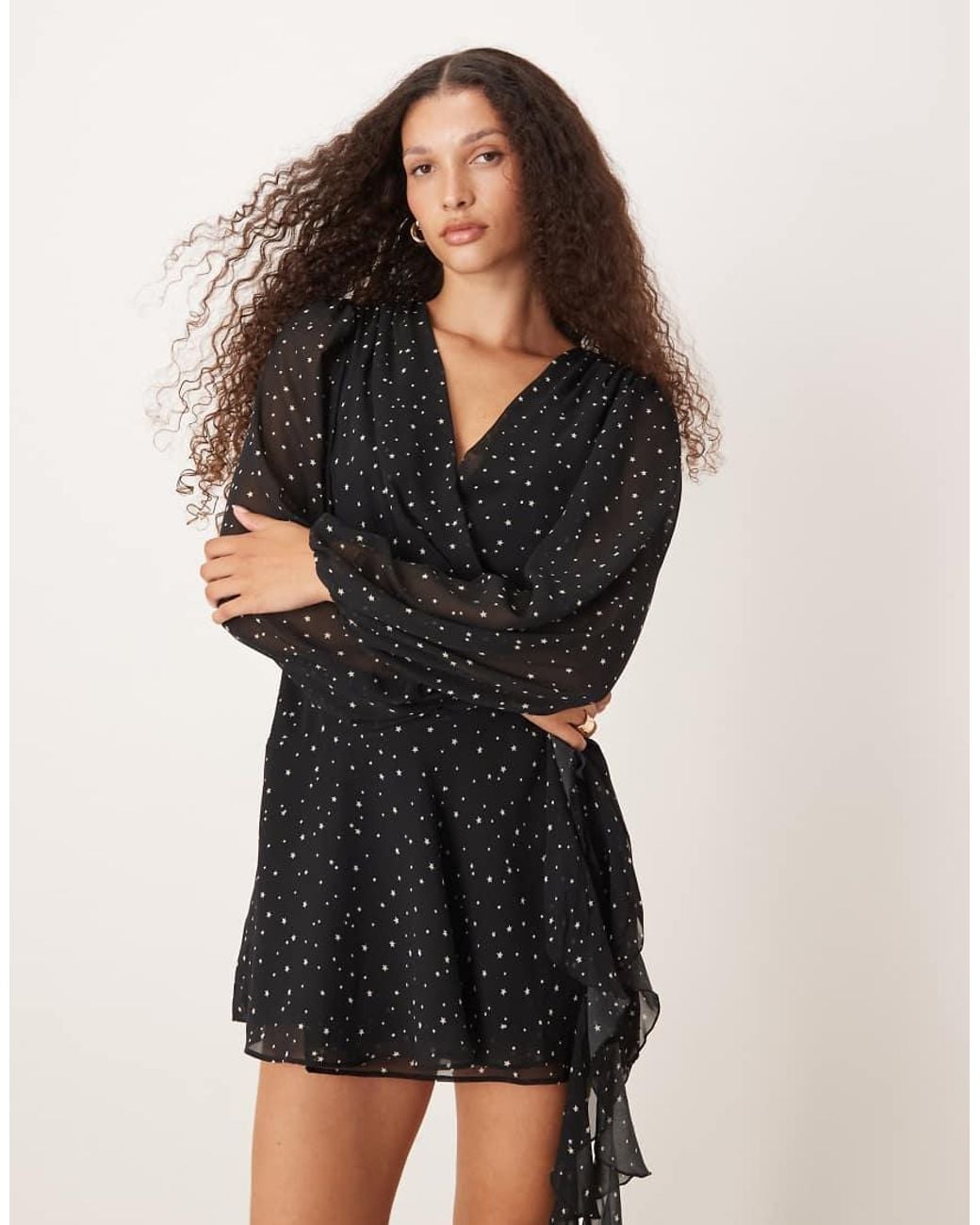 Abercrombie & Fitch Natural Long Sleeve Plunge Neck Wrap Front Mini Dress