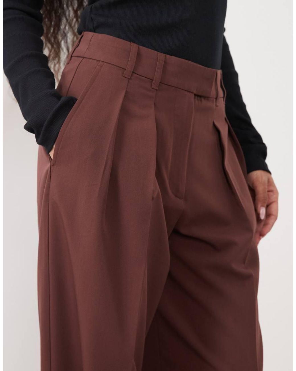 ASOS Brown Petite Tailored Wide Leg Trousers With Pleat Detail