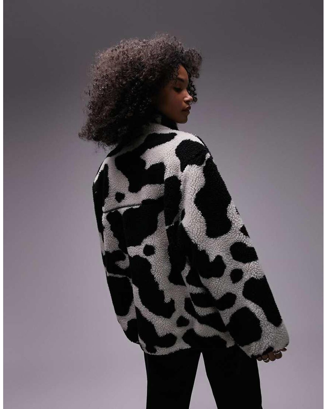 TOPSHOP Cow Print Zip Up Borg Fleece Jacket in Black Lyst UK
