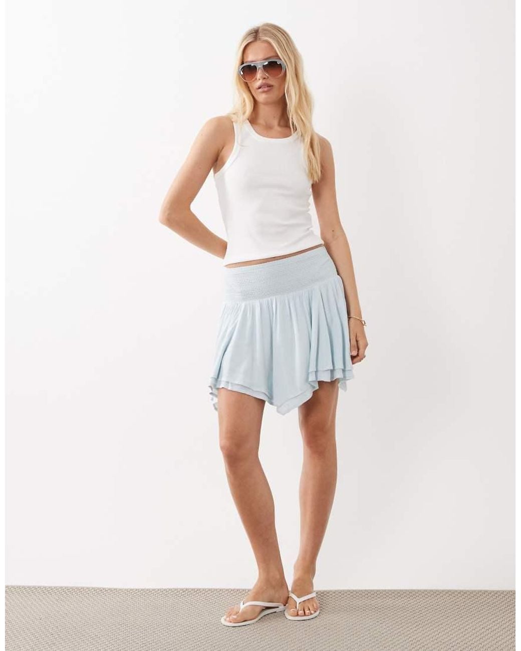 Miss Selfridge White Shirred Waist Hanky Hem Mini Skirt