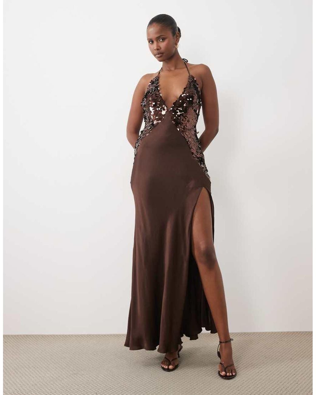 Bardot Brown Sequin Cami Halter Neck Open Back Split Detail Maxi Dress
