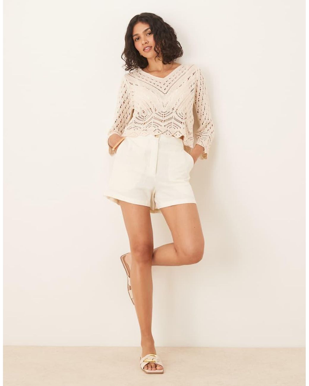 Jdy White Open Knit Scallop Edge Top