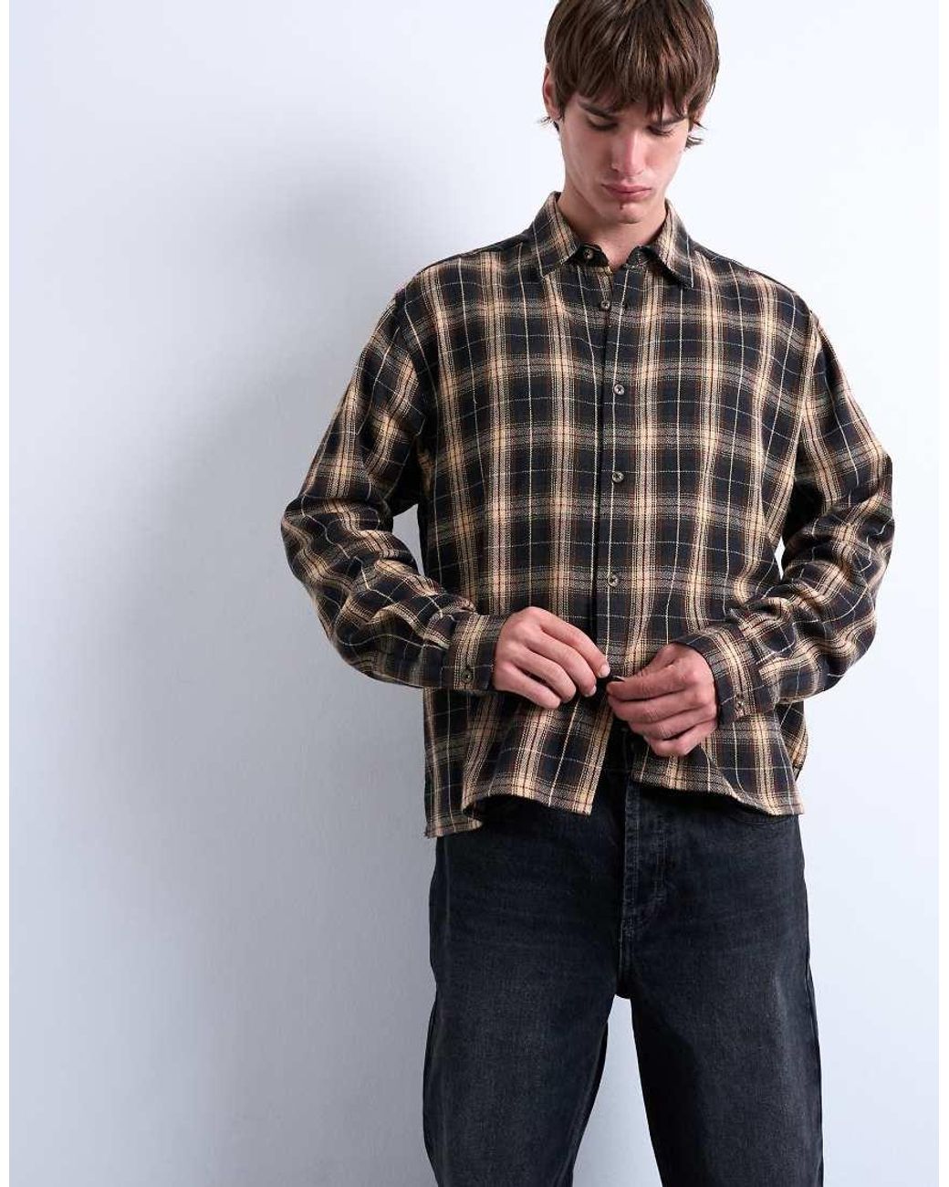 Topman Black Relaxed Fit Crop Flannel Shirt for men