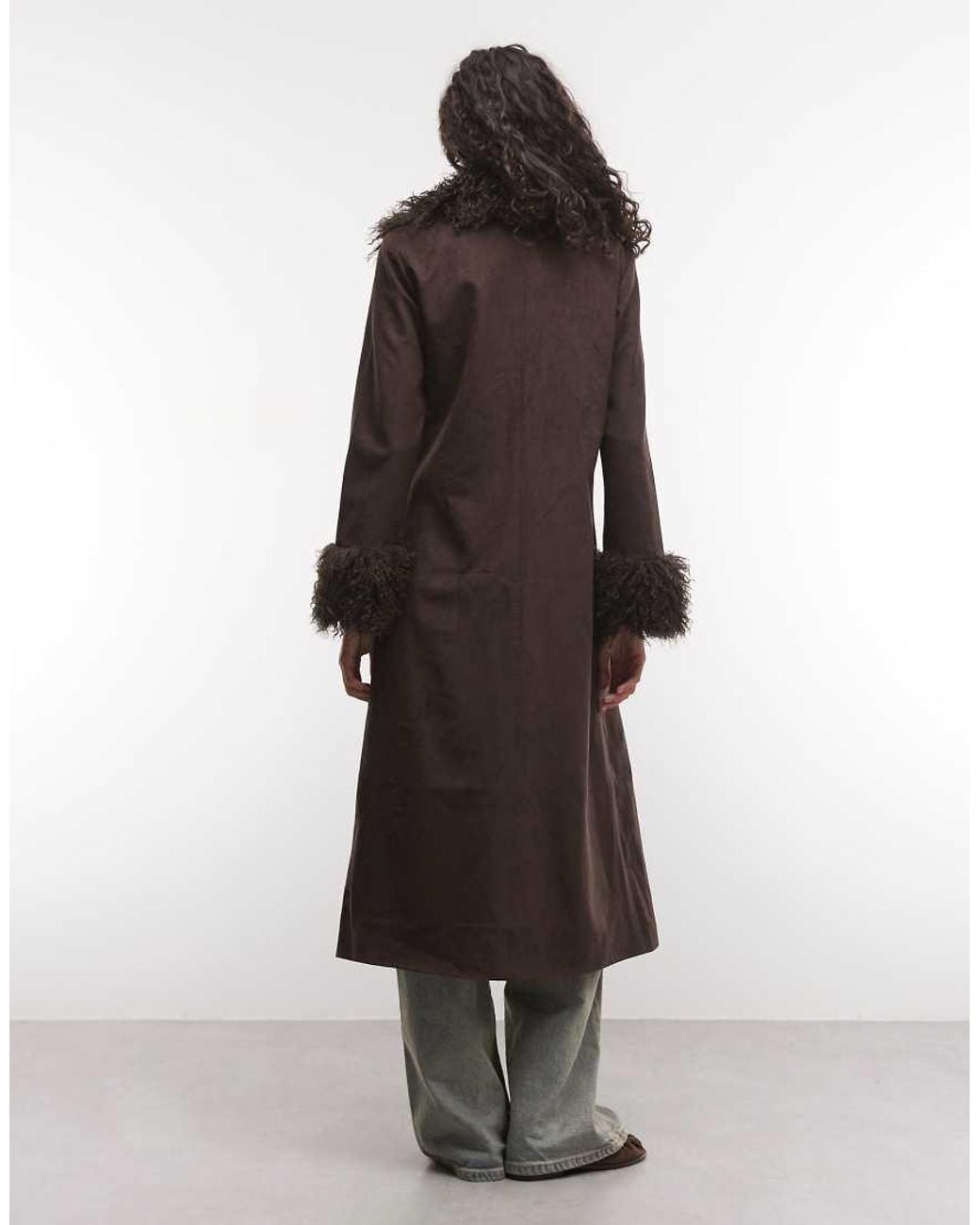 Reclaimed Vintage Brown Suede Look Trench Coat With Faux Fur Collar