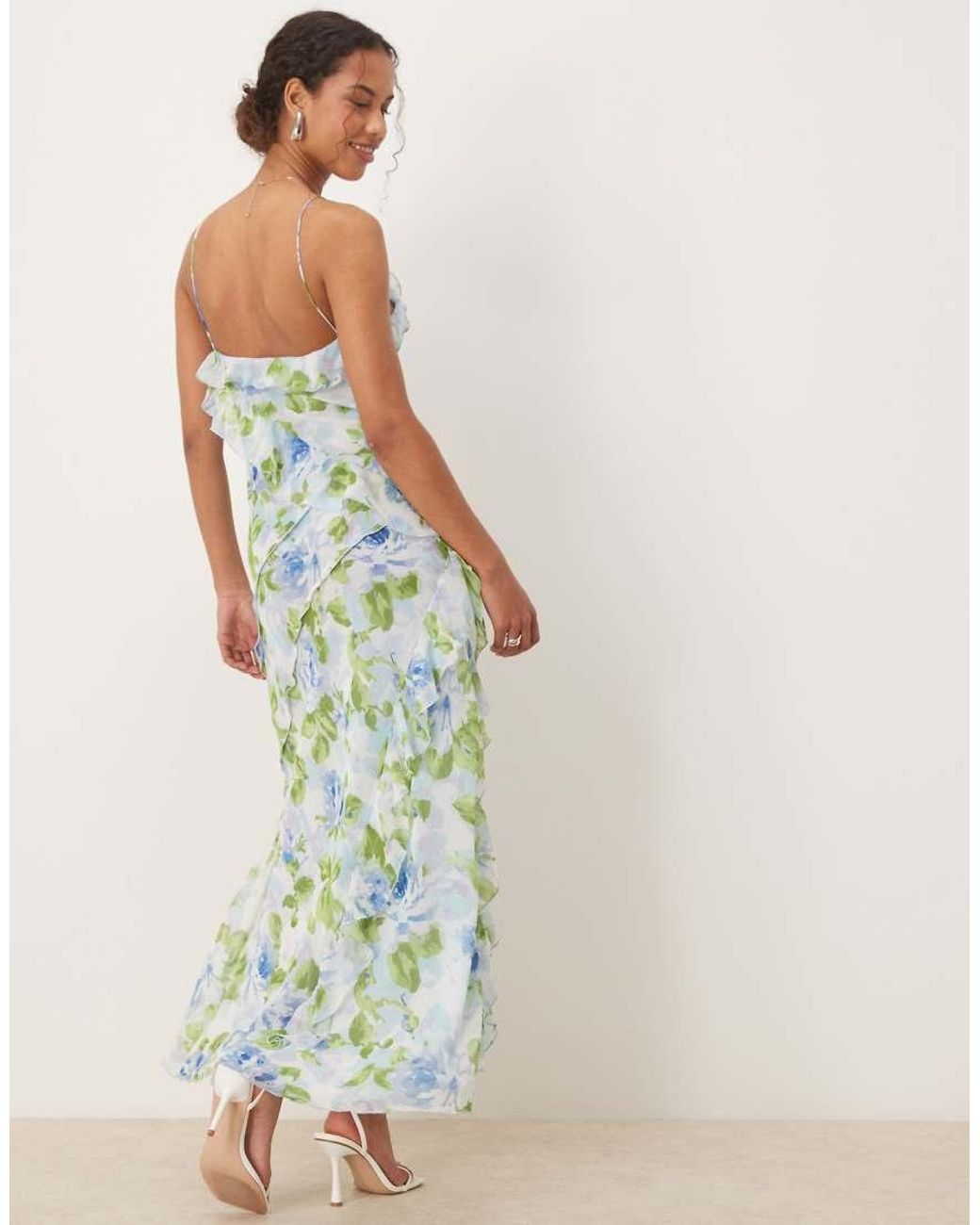 Mango White V-Neck Ruffle Botanical Printed Dress With Side Split