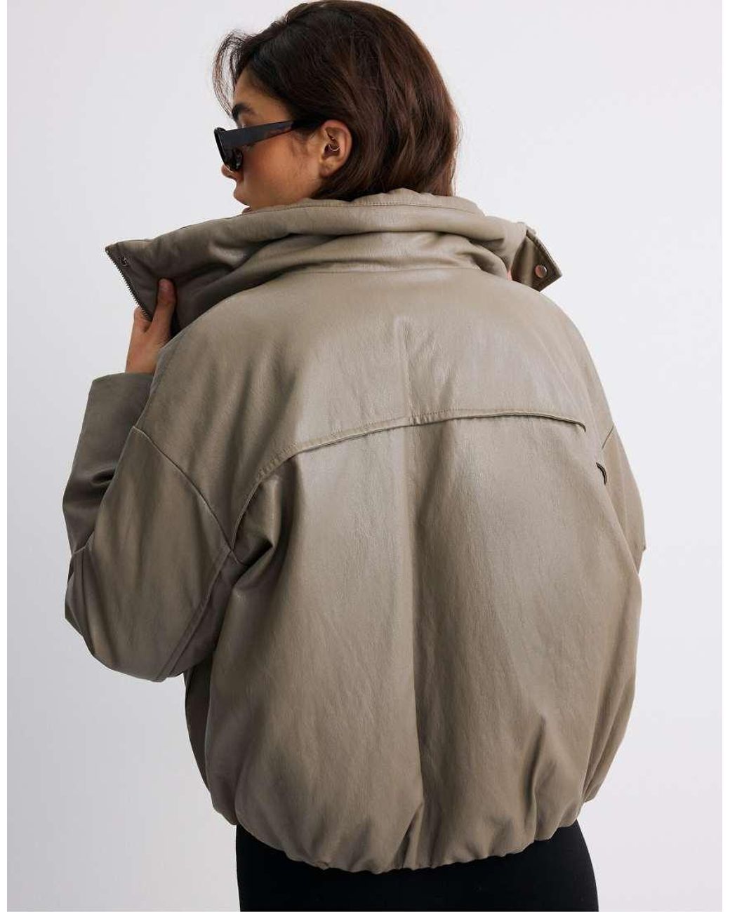 Stradivarius Gray Leather Effect High Neck Puffer Jacket