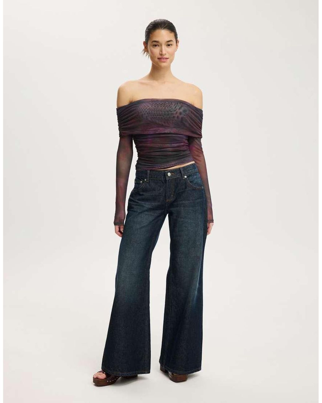 Cotton On Blue Ashley Off Shoulder Mesh Long Sleeve Top