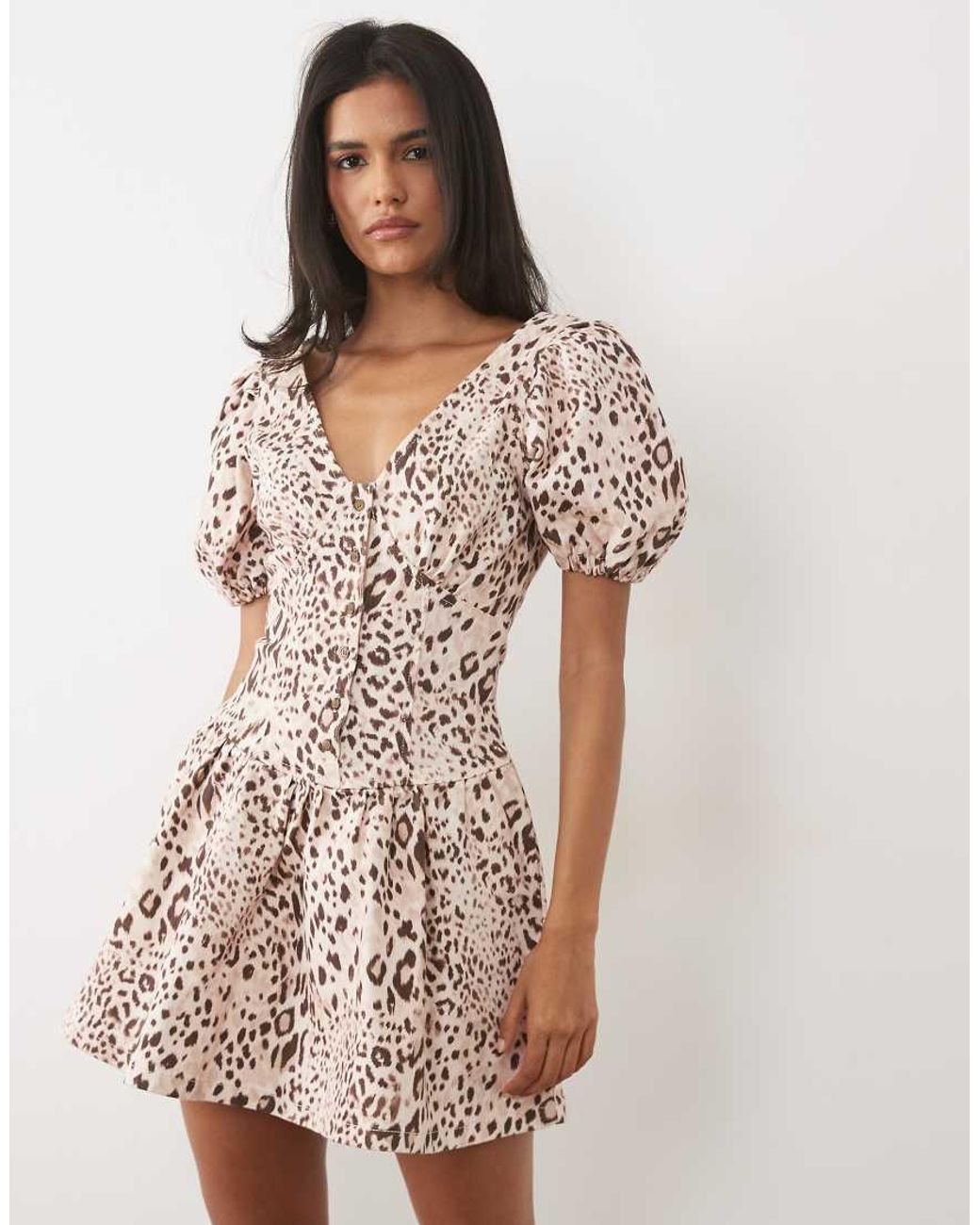 Miss Selfridge Brown Puff Sleeve Denim Mini Dress