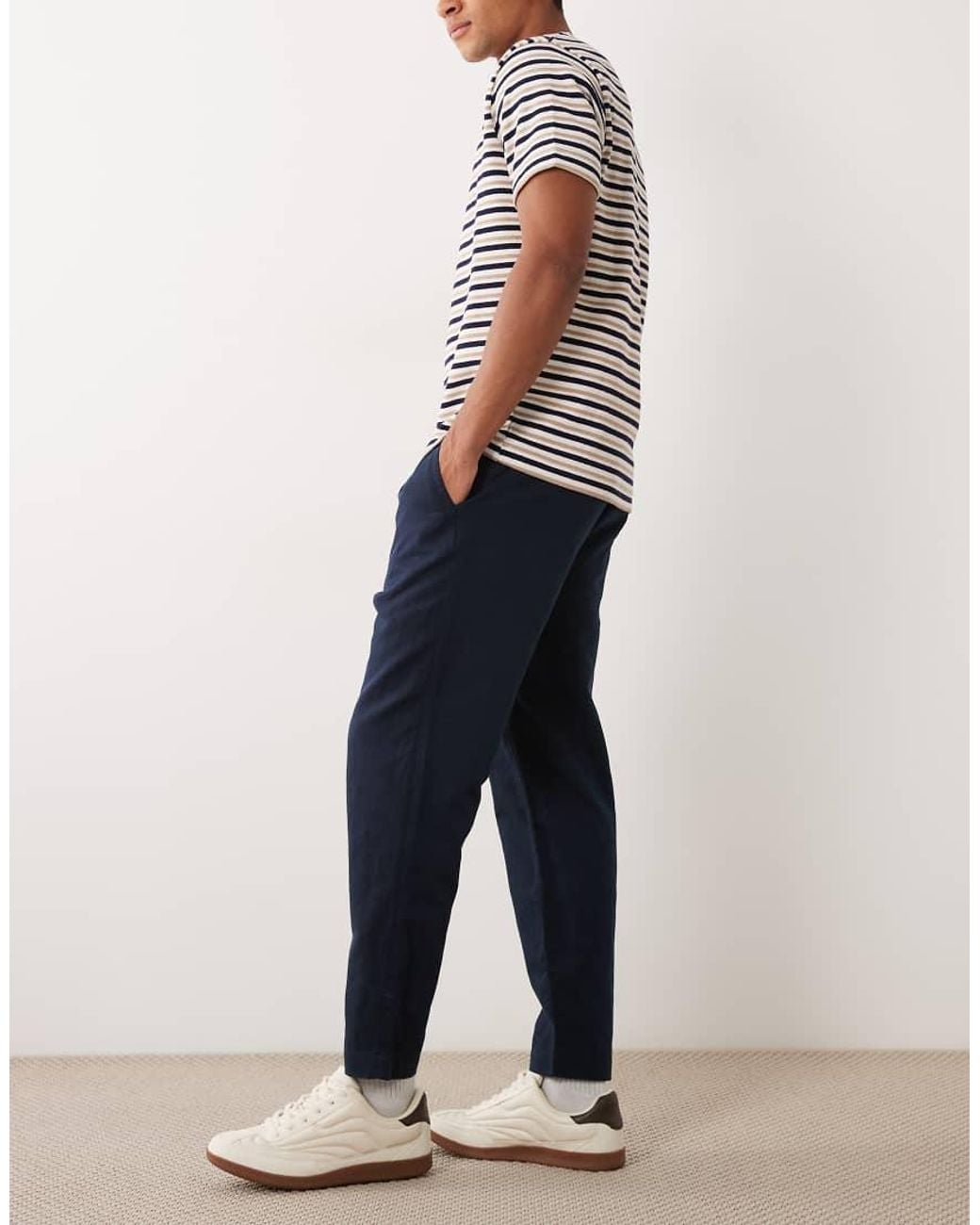 Mango Blue Linen Mix Tie Waist Pants for men