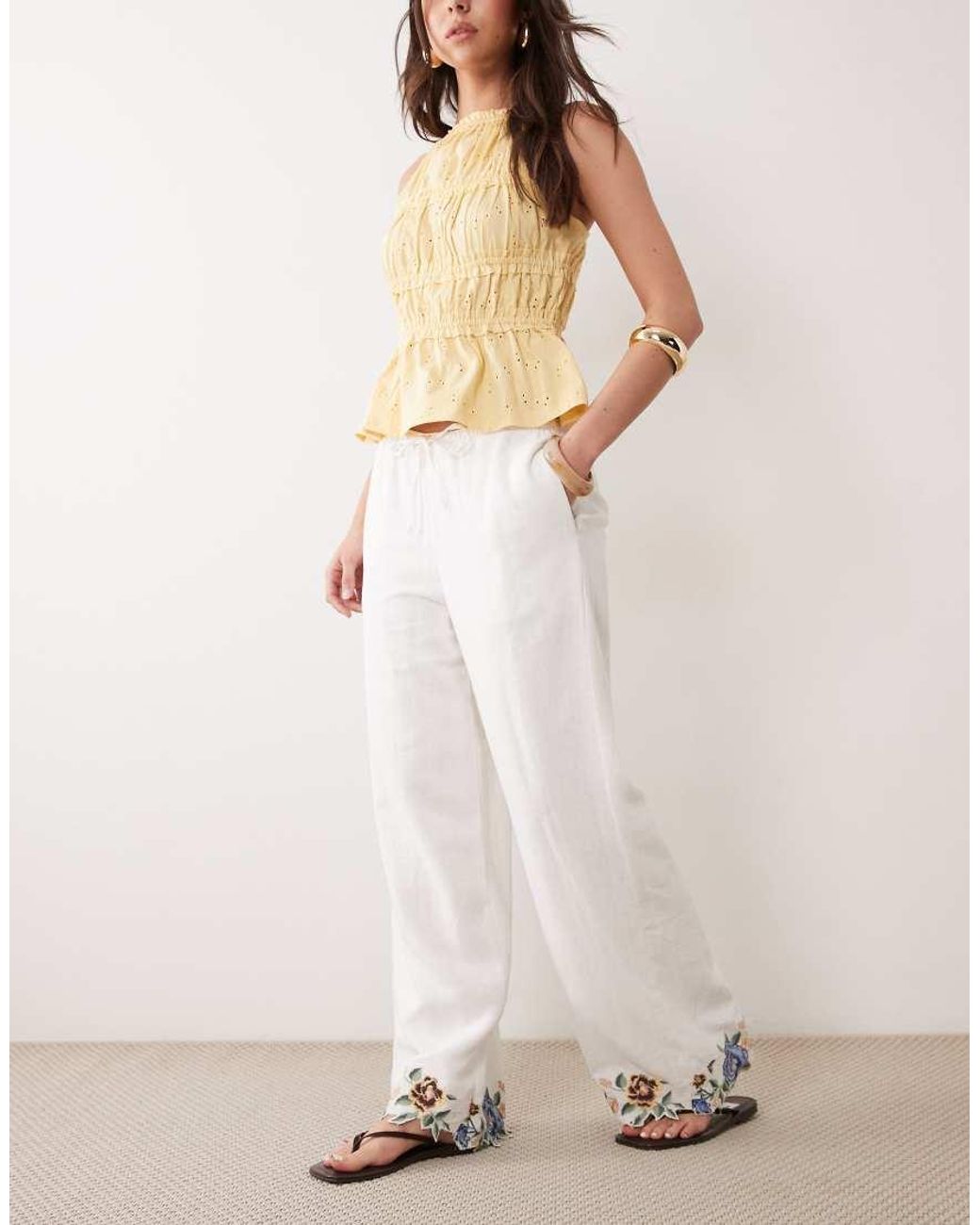 Abercrombie & Fitch White Linen Rich Wide Leg Pull On Trousers With Embroidered Hem