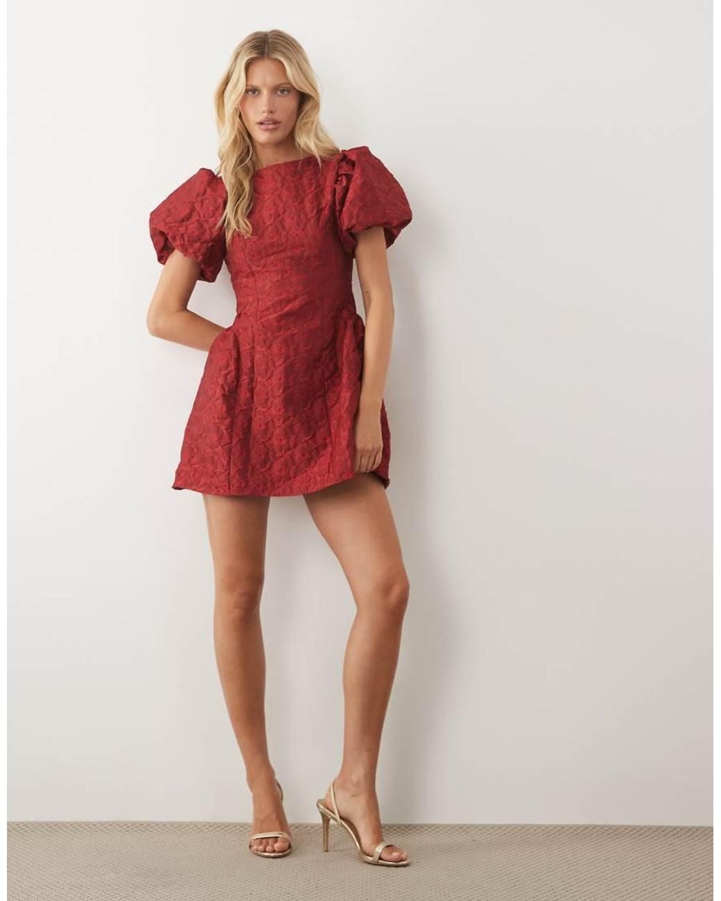 Sister Jane Red Bilberry Exclusive Jacquard Round Neck Puff Sleeve Mini Dress