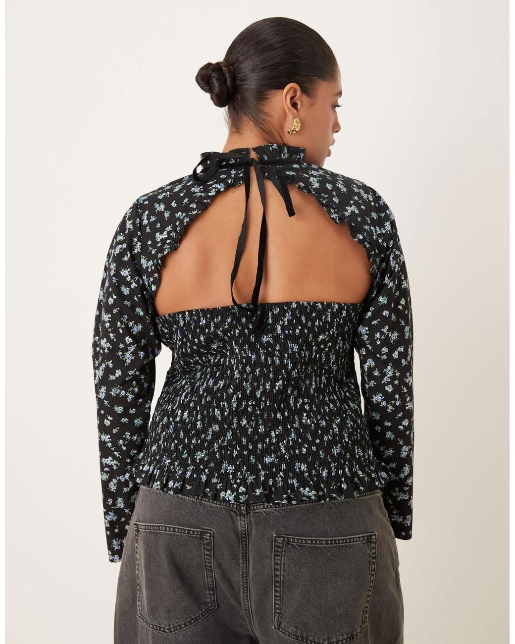 ASOS Asos Design Curve Long Sleeve Smocked Top With Open Back in Black ...