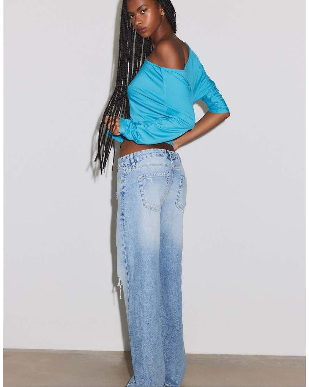Stradivarius Blue Low-rise Ripped Straight Jeans